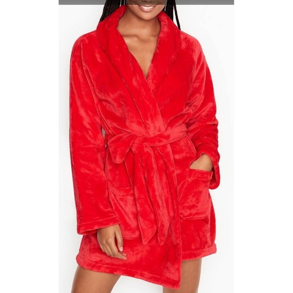 Victoria's Secret Soft Cozy Plushy Embroidered Short Robe Tie Pockets Red M/L